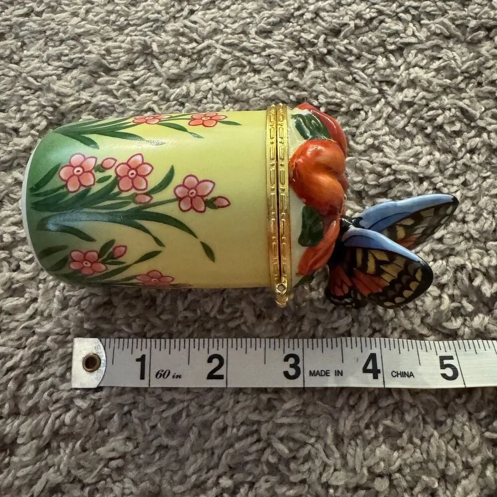 Vintage Bombay Co Porcelain Butterfly Flower Hinged Trinket Box Candle Holder